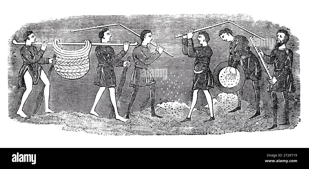 Trilla y hilado de maíz; Calendario anglosajón. Ilustración en blanco y negro de la 'Vieja Inglaterra' publicada por James Sangster en 1860. Foto de stock
