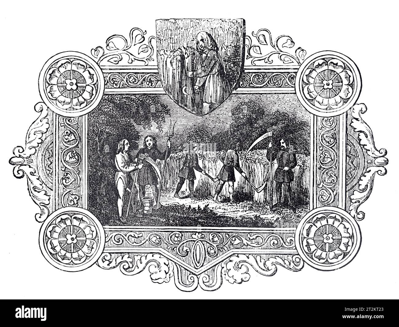 Emblemas sajones del mes de agosto. Ilustración en blanco y negro de la 'Vieja Inglaterra' publicada por James Sangster en 1860. Foto de stock