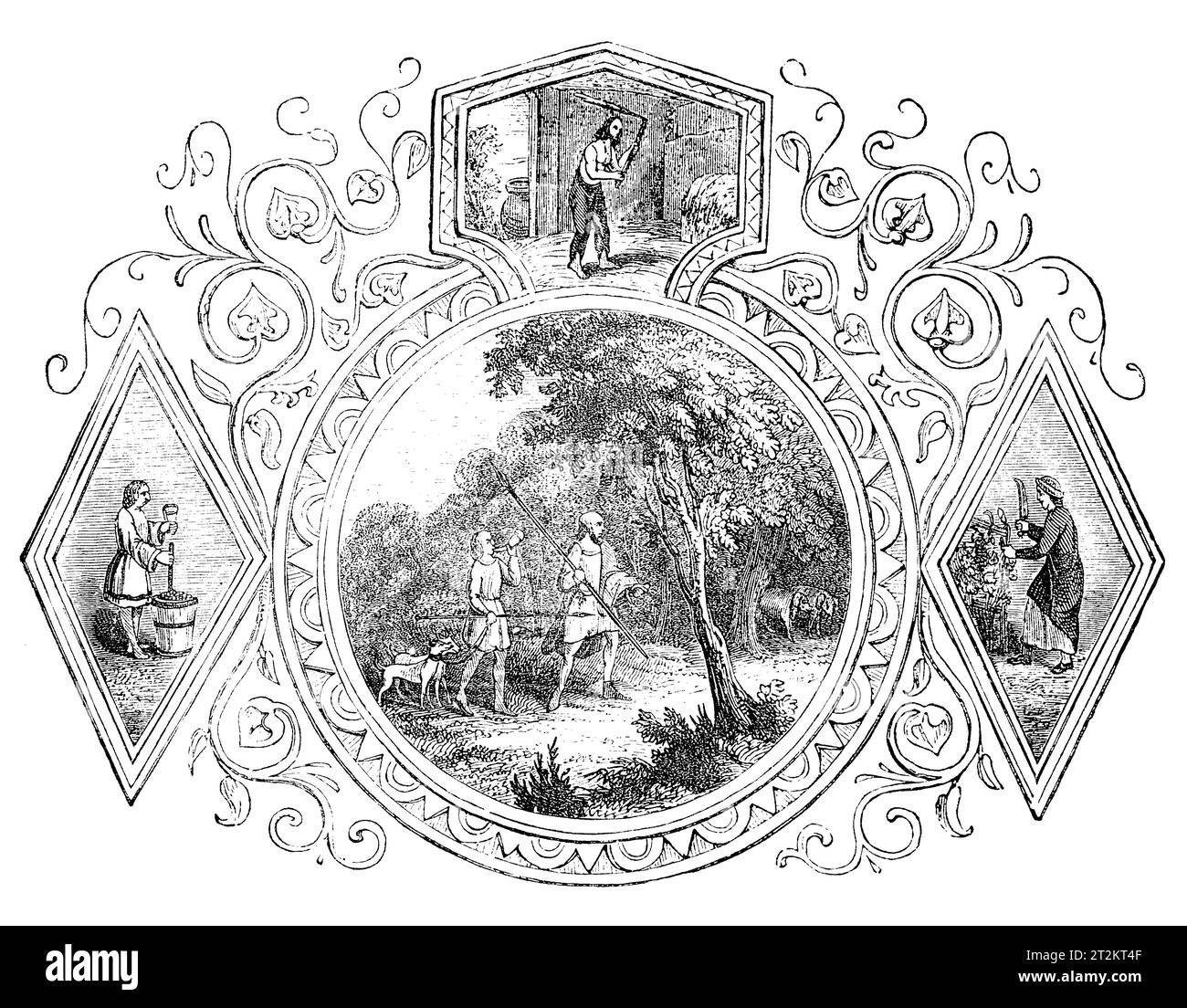 Emblemas sajones del mes de septiembre. Ilustración en blanco y negro de la 'Vieja Inglaterra' publicada por James Sangster en 1860. Foto de stock