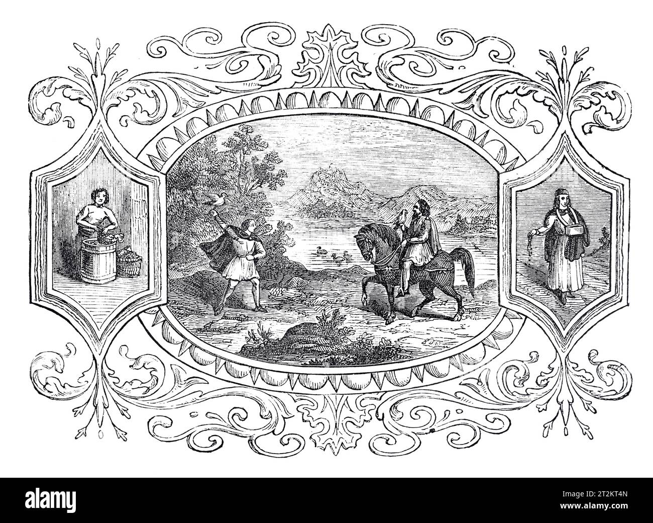 Emblemas sajones del mes de octubre; Ilustración en blanco y negro de la 'Vieja Inglaterra' publicada por James Sangster en 1860. Foto de stock