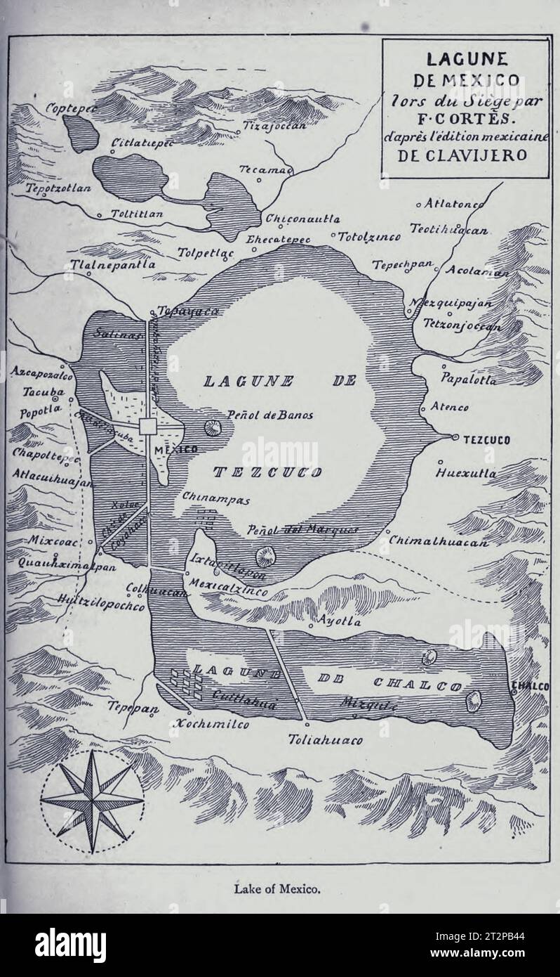 Mapa del Lago de la Ciudad de México, ilustración del siglo XIX Foto de stock