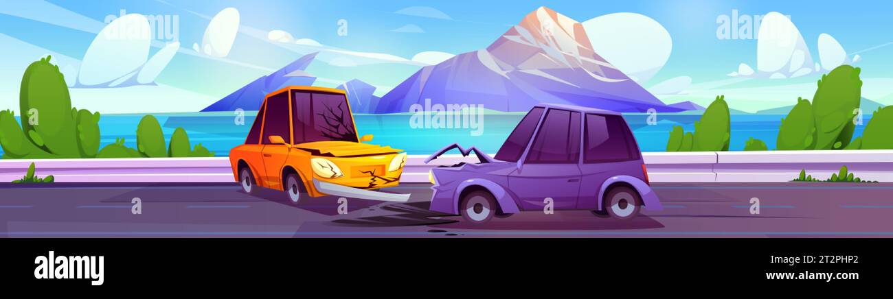 Accidente de coche en la carretera del lago de montaña. Ilustración vectorial de dibujos animados de dos automóviles colisión en la carretera, grietas en campanas dañadas, árboles verdes a lo largo de la orilla del río w Ilustración del Vector
