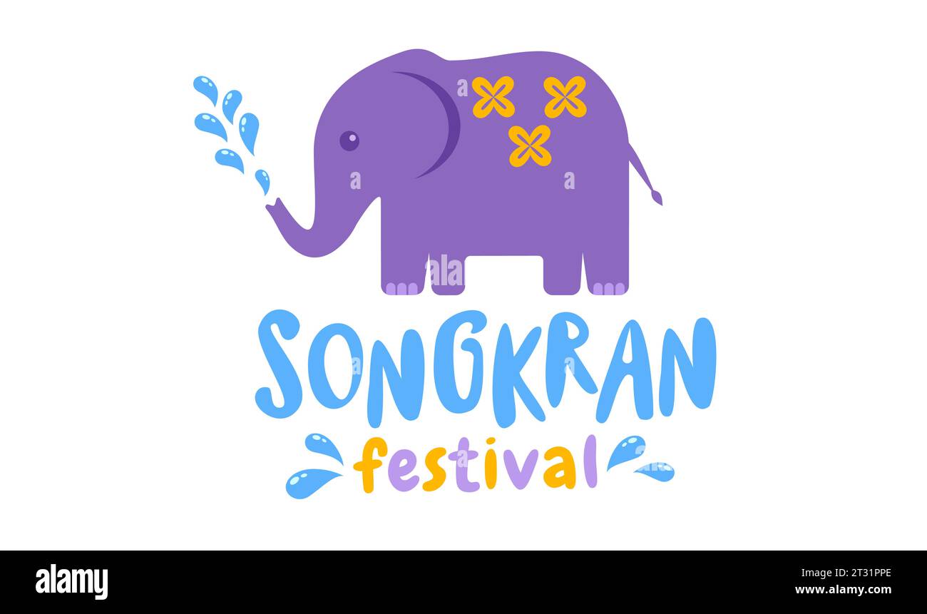 Logotipo del vector para el festival de Songkran en Tailandia con el elefante en fondo aislado en estilo kawaii. Emblema para el festival del agua de Songkran. Ilustración del Vector