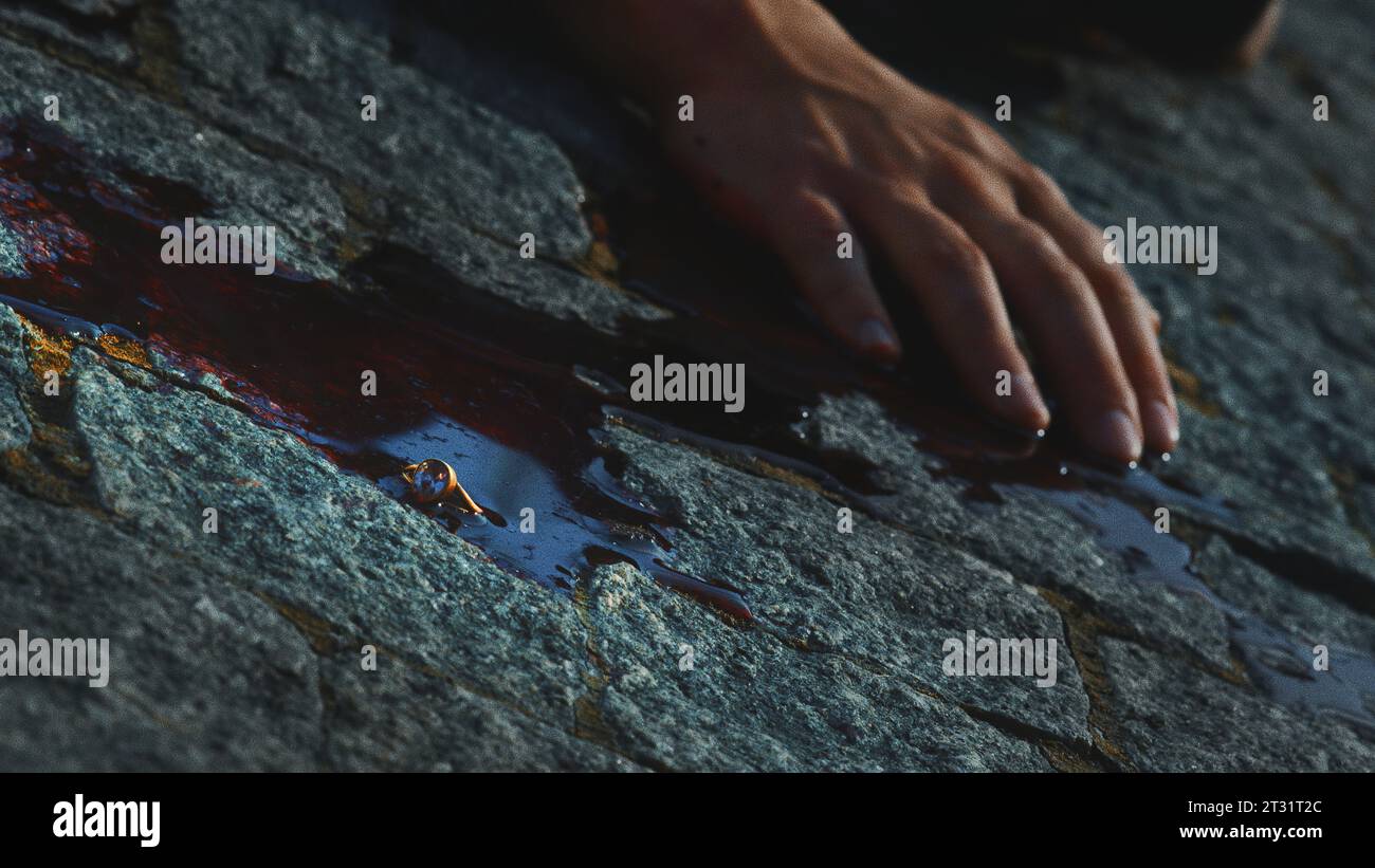 Primer plano de la mano y la sangre en la piedra. Material de archivo. Matar al hombre con charco de sangre. Tiro criminal de cuerpo muerto y charcos de sangre en piedra Foto de stock