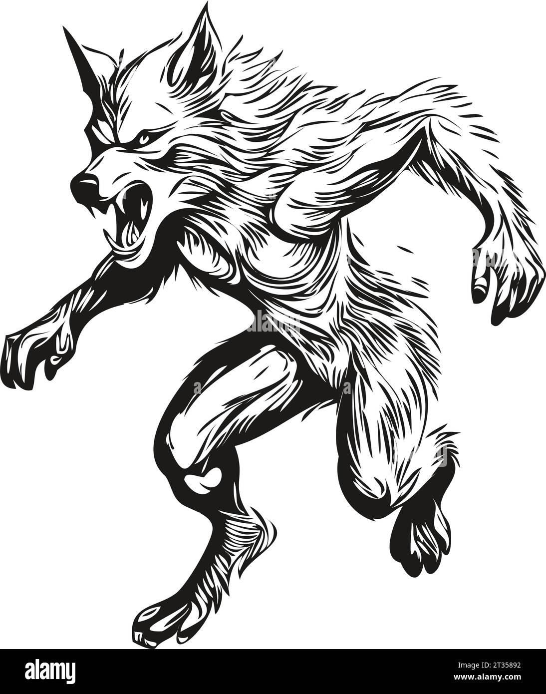 Imagen transparente de un Halloween Shapeshifting Haunting en blanco y negro, imagen aislada de Lycanthrope wolfman en una capa transparente, se puede utilizar Ilustración del Vector