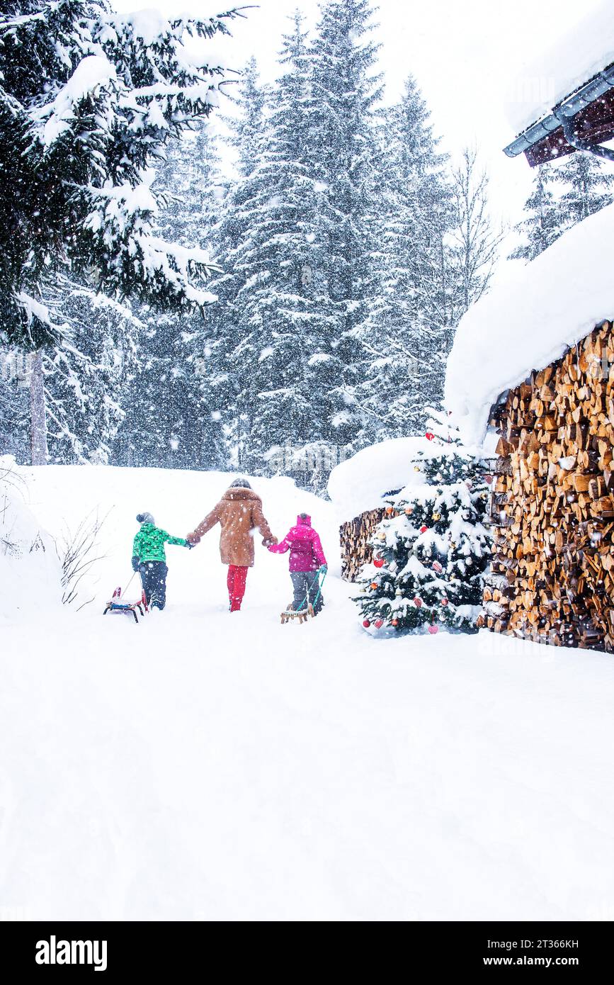 Abuela cogida de la mano y caminando con niños tirando de trineo sobre la nieve Foto de stock