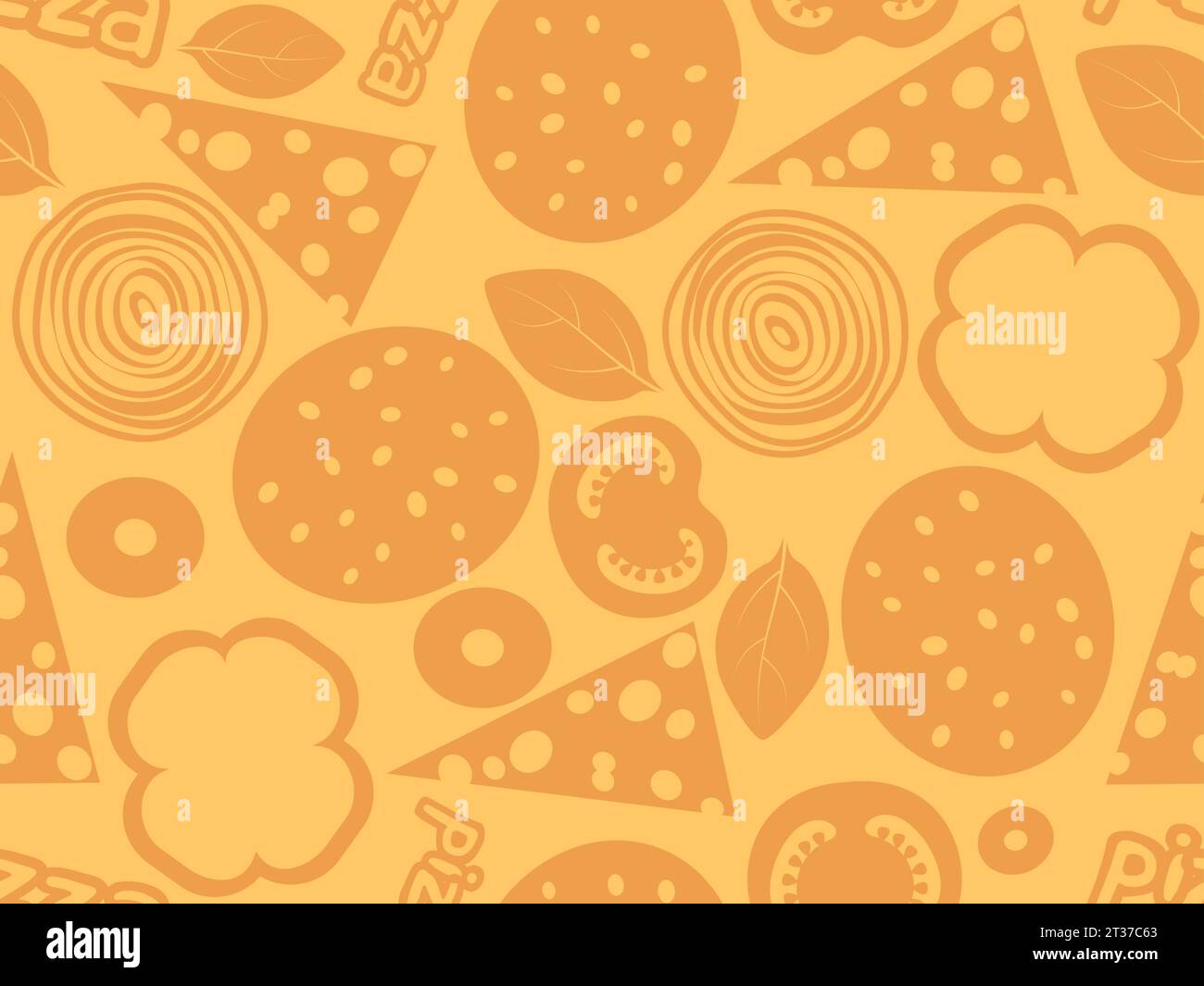 Pizza Ingredientes Simple patrón sin fisuras. Fondo de color naranja con salami, queso, setas, oliva, albahaca, tomate, pimentón. Rellenar o ajustar página web Ilustración del Vector