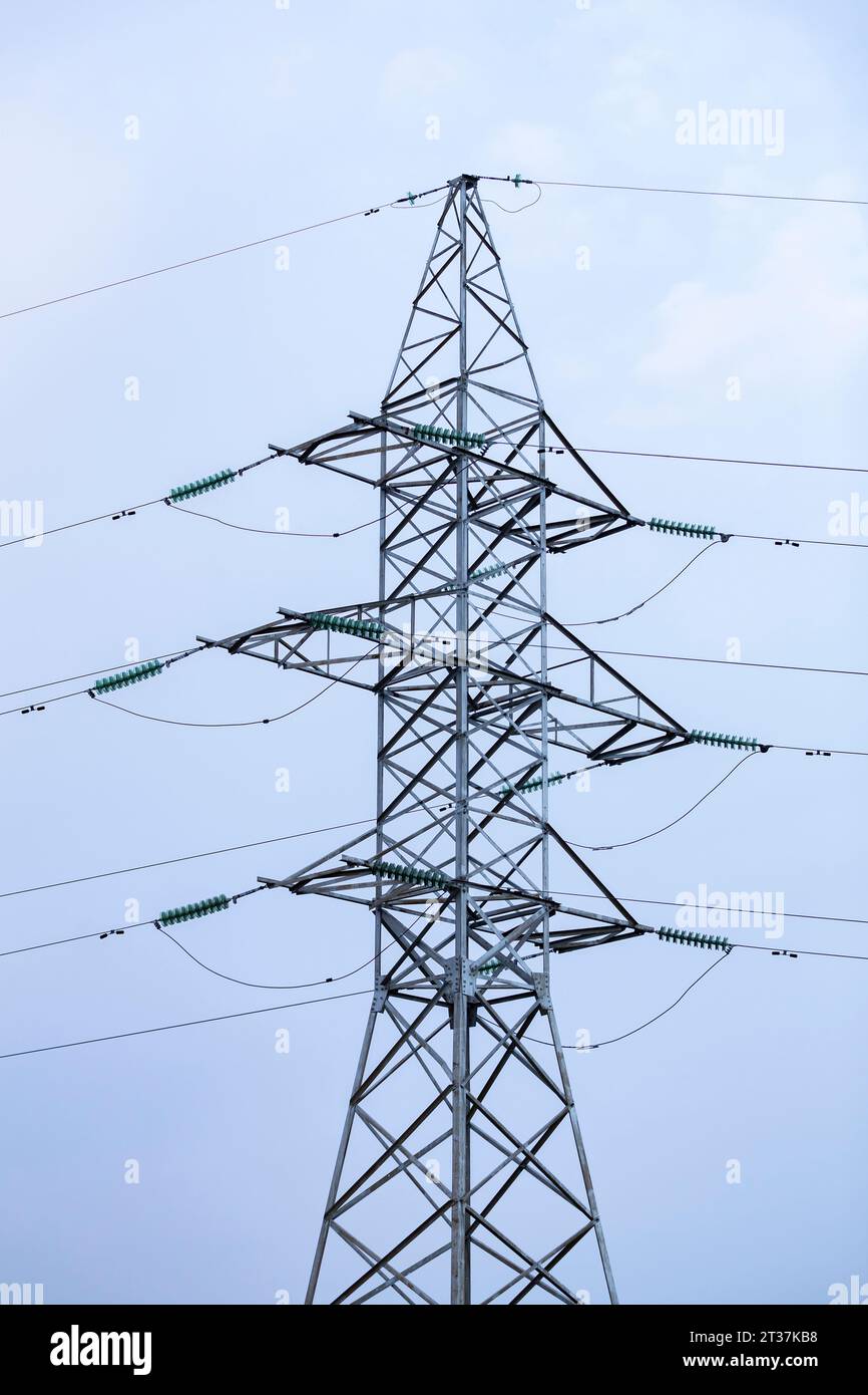 Torres de transmisión (pilones eléctricos) de corriente de alta tensión. Foto vertical Foto de stock