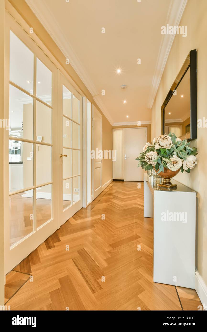 Espejo con florero y mesa en pasillo largo con puertas blancas y suelo de parquet en apartamento contemporáneo Foto de stock