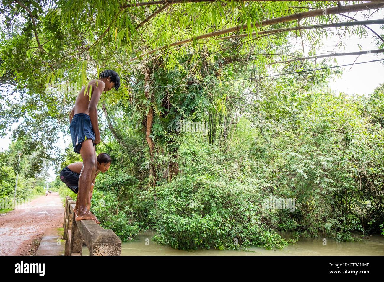 Camboya, Kampong Phluk, los niños se sumergen en el río hinchado Foto de stock