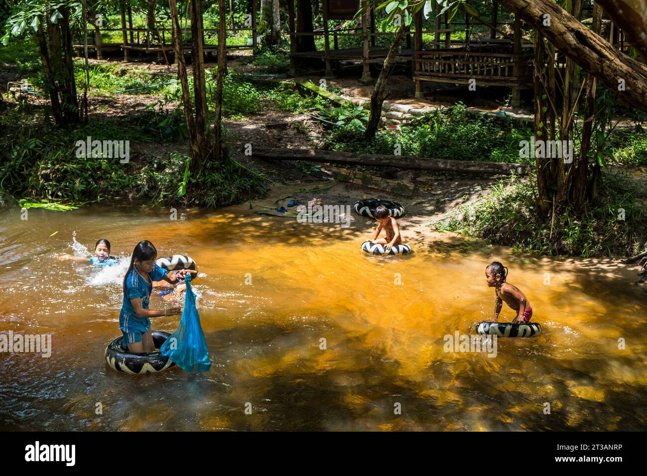 Camboya, montaña Kulen, los niños nadan en el río hinchado Foto de stock