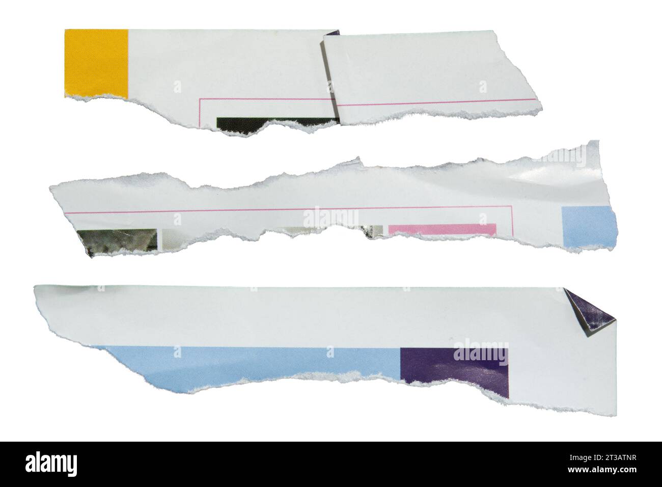Piezas largas de papel rasgadas de una revista sobre fondo blanco con trazado de recorte Foto de stock