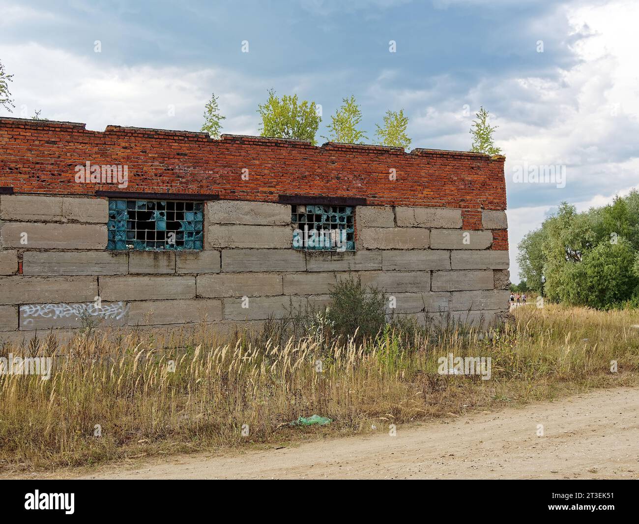 Edificio abandonado de ladrillo de una planta, Rusia Foto de stock