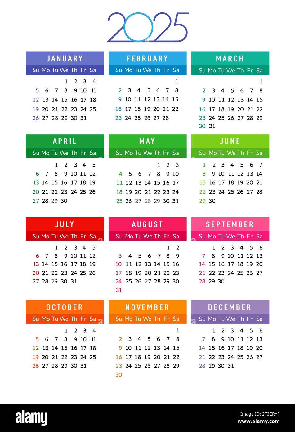 Calendario 2025 año plantilla editable semana comienza el domingo con meses de color