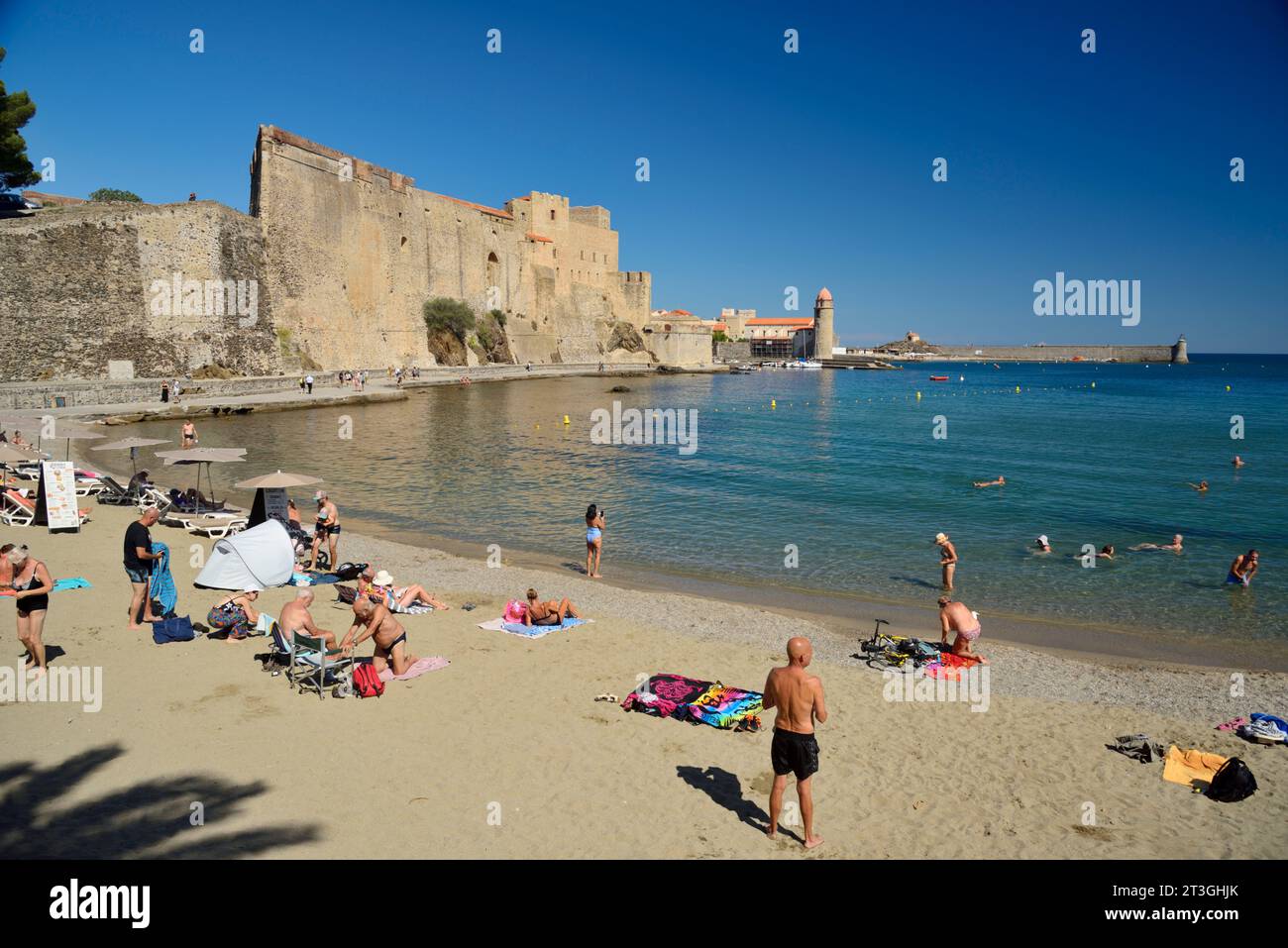 Francia, Pirineos Orientales, Cote Vermeille, Collioure, la playa de Port d'Avall y la muralla defensiva del Castillo Real Foto de stock