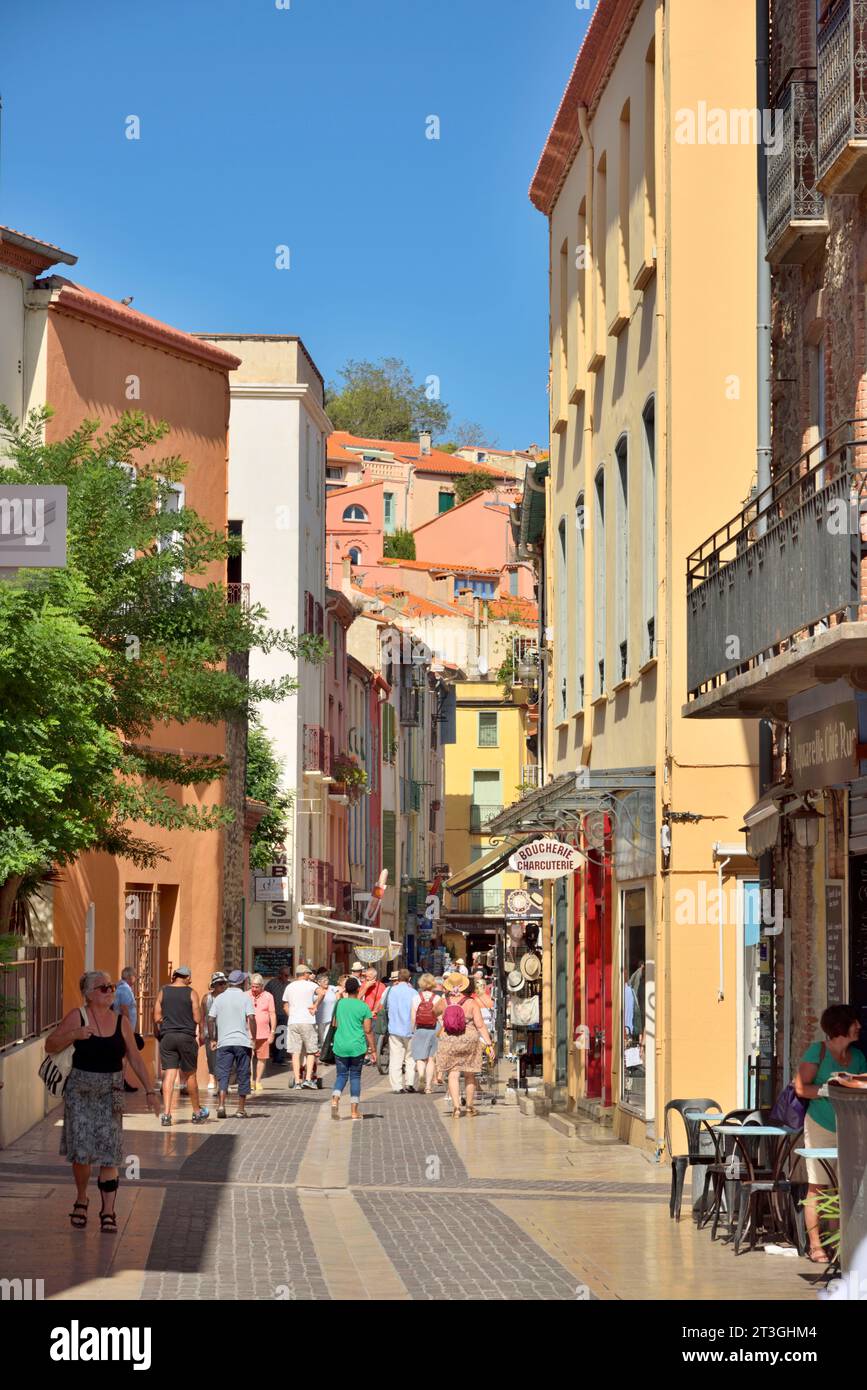 Francia, Pirineos Orientales, Collioure, calle comercial rue Pasteur y calle turística en el centro de la ciudad Foto de stock