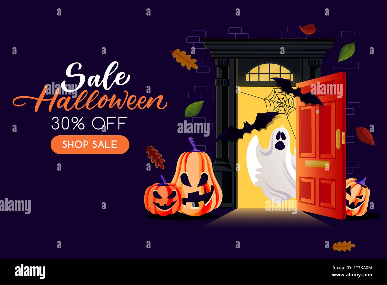 Fondo de la noche con la puerta abierta de la luz con el fantasma, los murciélagos y las linternas de calabaza. Vector ilustración de dibujos animados. Cartel de vacaciones de Halloween, plantilla de banner. P Ilustración del Vector