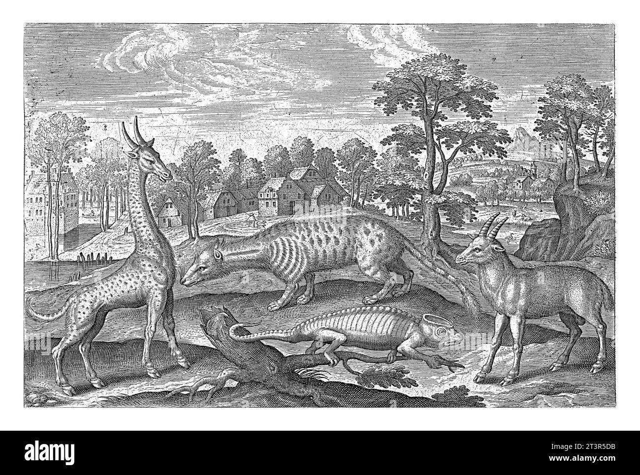 Animales exóticos, Adriaen Collaert, 1595 - 1597 En primer plano una jirafa, un camaleón, una civeta y un antílope. En el fondo un paisaje con a. Foto de stock