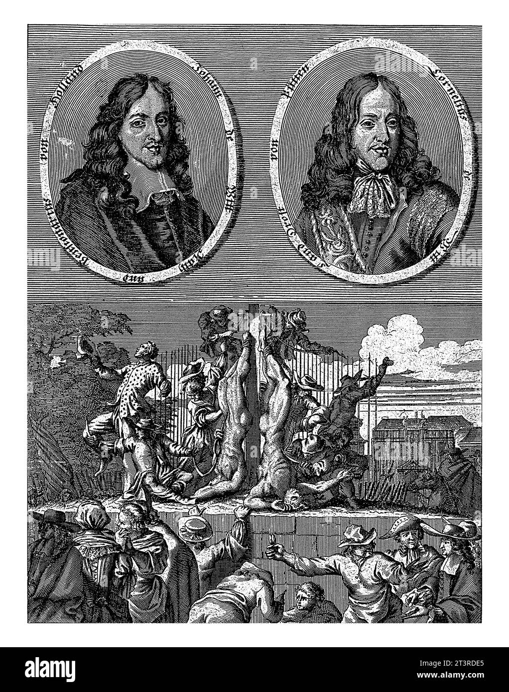 La mutilación de los cuerpos de los Hermanos De Witt, 1672, anónimo, 1672 - 1699 Revista alemana sobre los retratos de los hermanos De Witt. Foto de stock