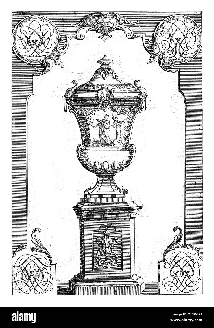 Panel con jarrón de jardín y monogramas en las esquinas, Gerrit Visscher, después de Jean Bernard Honore Turreau, 1690 - 1710 Foto de stock