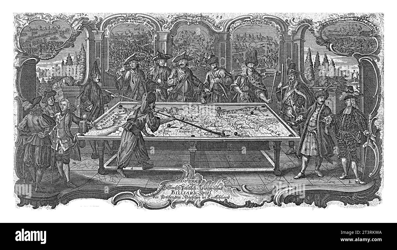 Juego de billar político en Alemania, 1758, anónimo, 1758 Dibujos animados en el que los partidos en conflicto de la Guerra de los Siete Años en el año 1758. Foto de stock
