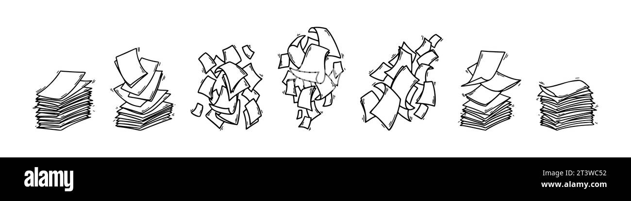 Conjunto de pila de páginas de papel línea art. Hojas en blanco. Dibujado a mano doodle ilustración vectorial. Pila de papel de garabatos. Pila de documentos de contrato Ilustración del Vector