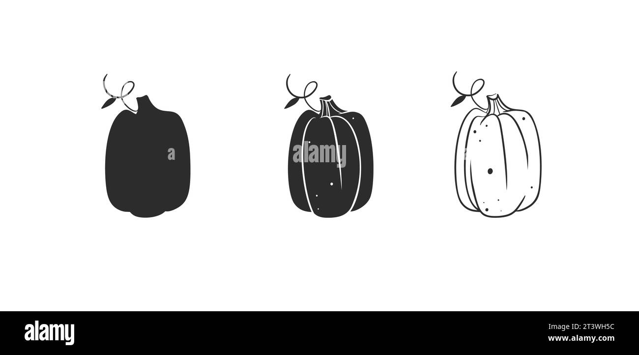 Dibujado a mano vector abstracto gráfico, silueta en blanco y negro otoño vegetal, cosecha acción de gracias y calabaza de Halloween set.Halloween contorno otoño Ilustración del Vector
