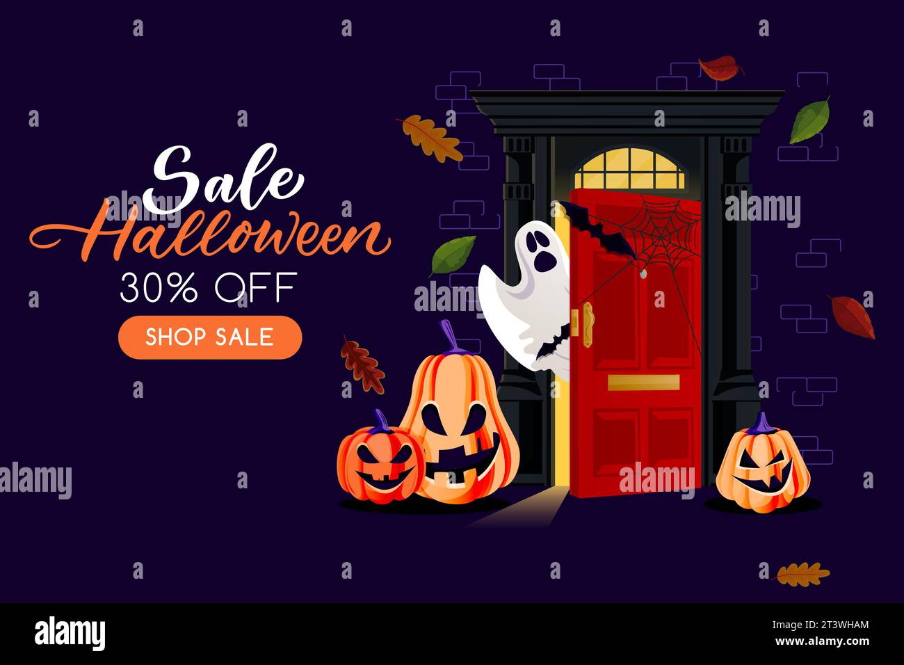 Fondo de la noche con puerta cerrada roja, fantasma, murciélagos y linternas de calabaza. Vector ilustración de dibujos animados. Cartel de vacaciones de Halloween, plantilla de banner. Fiesta Ilustración del Vector