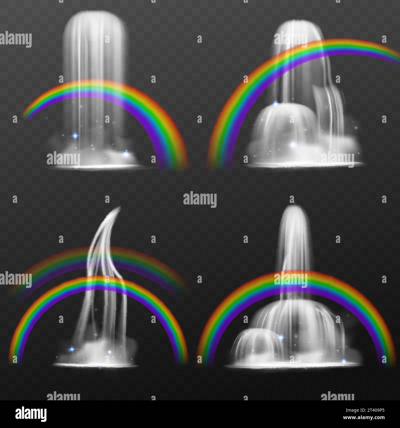 Cascada Rainbow. Objetos naturales realistas 3D y evento físico, refracción de luz a través de microgotas de agua, espectro de color, diferentes formas mou Ilustración del Vector