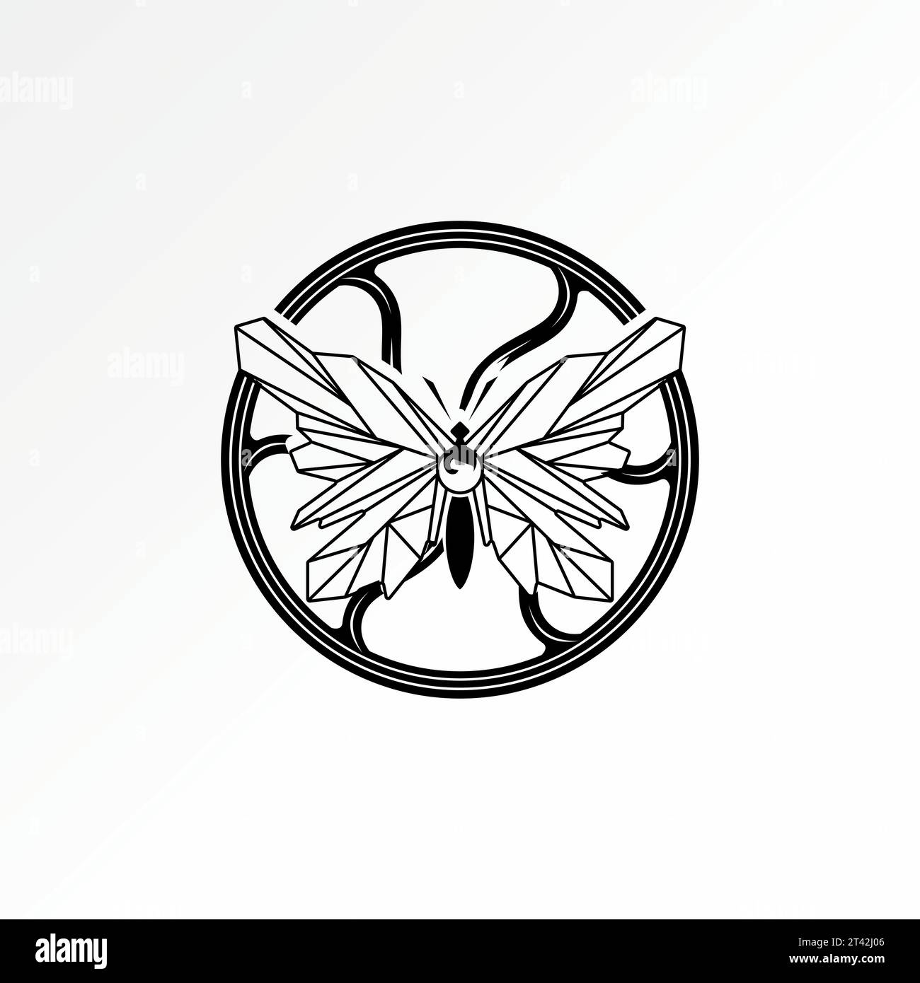 Diseño de logotipo concepto gráfico creativo vector de rueda de coser stock boceto de mariposa único como máquina robot. Relacionado con gear tech animal insecto naturaleza Ilustración del Vector