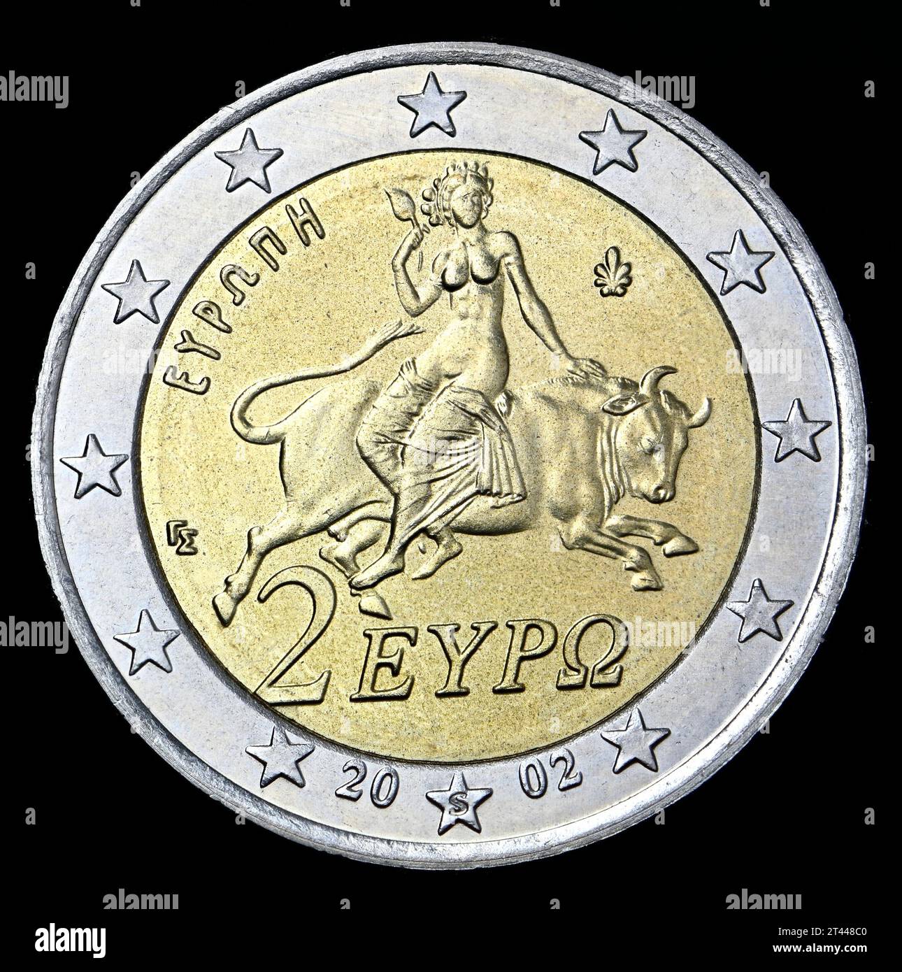 Moneda griega de 2 euros - el secuestro de Europa por Zeus en forma de toro Foto de stock