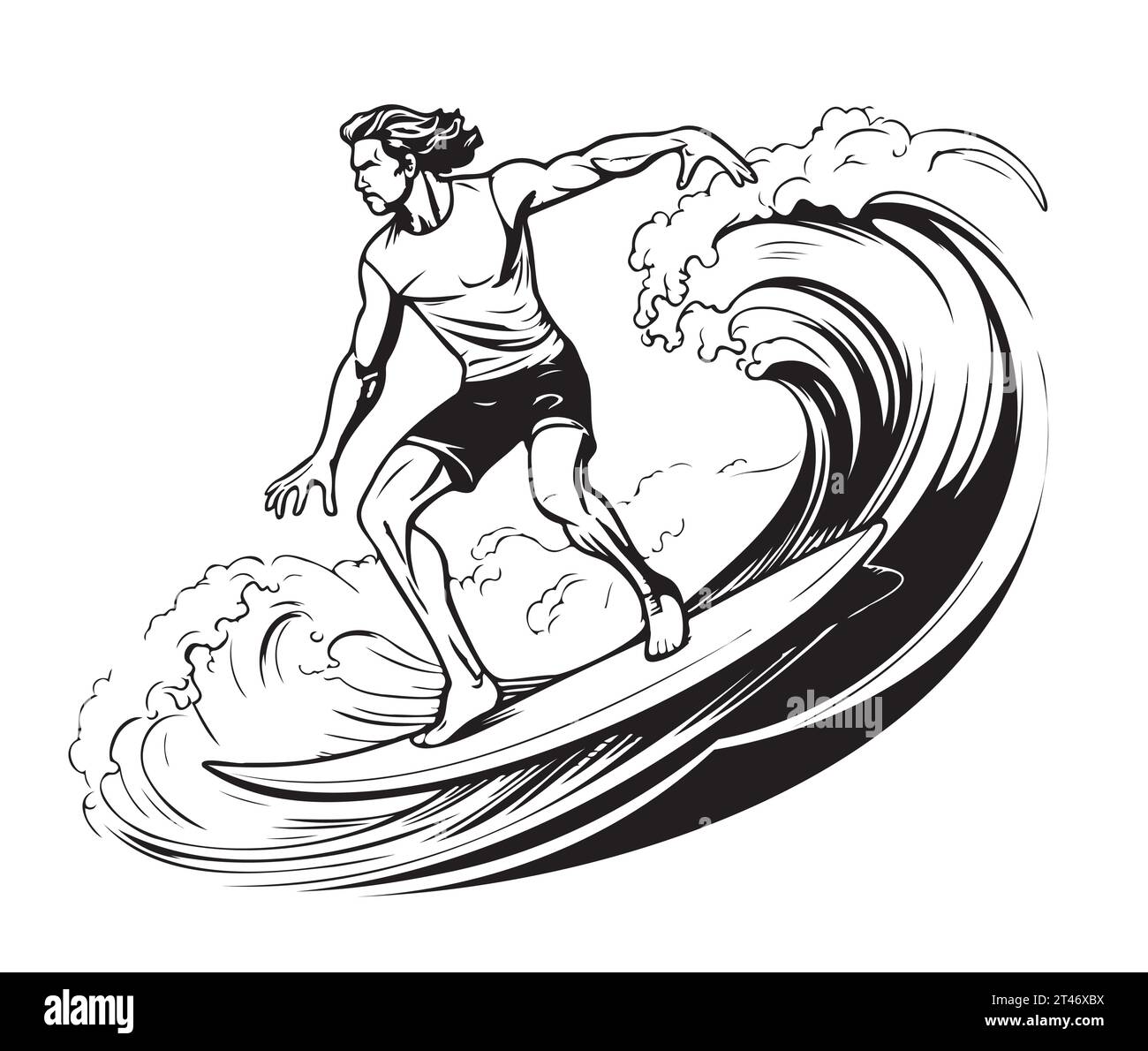 Surfista y gran ola. estilo de grabado. Vector illustration.Logo Ilustración del Vector