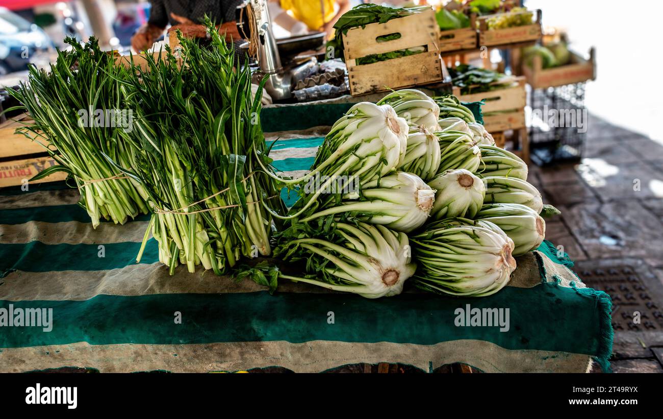 Puntarelle, una variedad de achicoria a la venta en un mercado de agricultores en Brindisi, Italia. Foto de stock