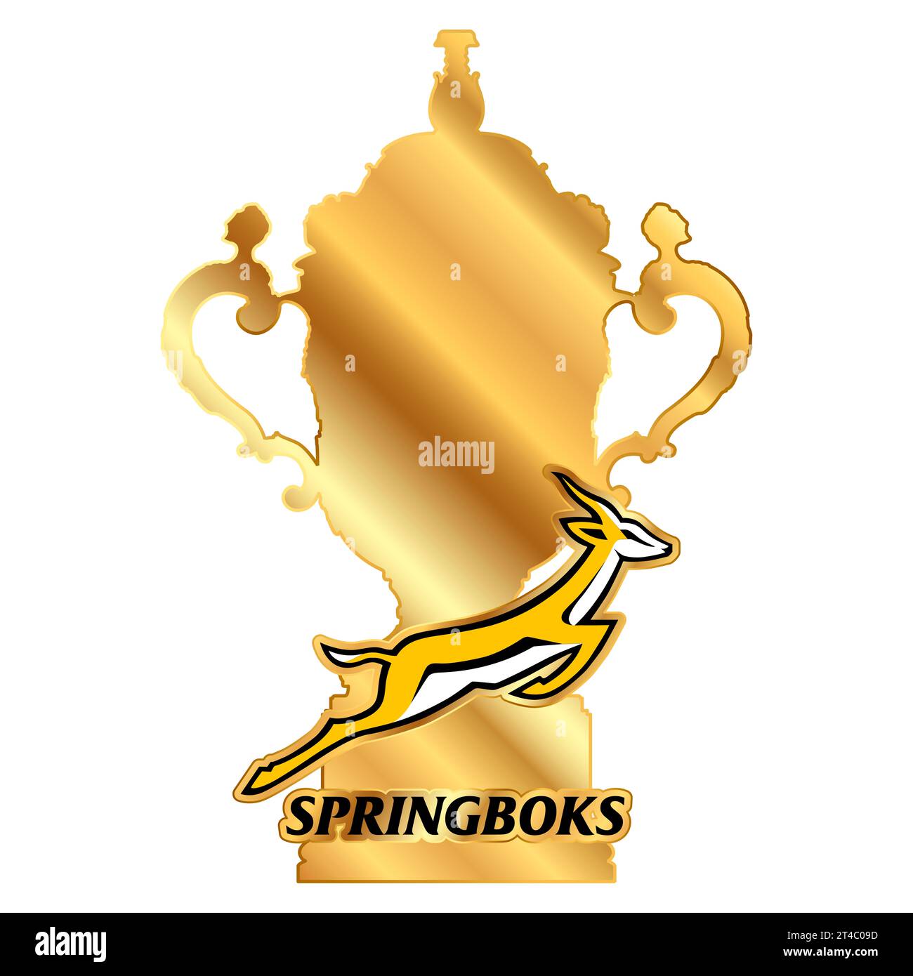 Copa Mundial de Rugby 2023 y campeón del equipo sudafricano Springboks logo, campeones del mundo, ilustración Foto de stock