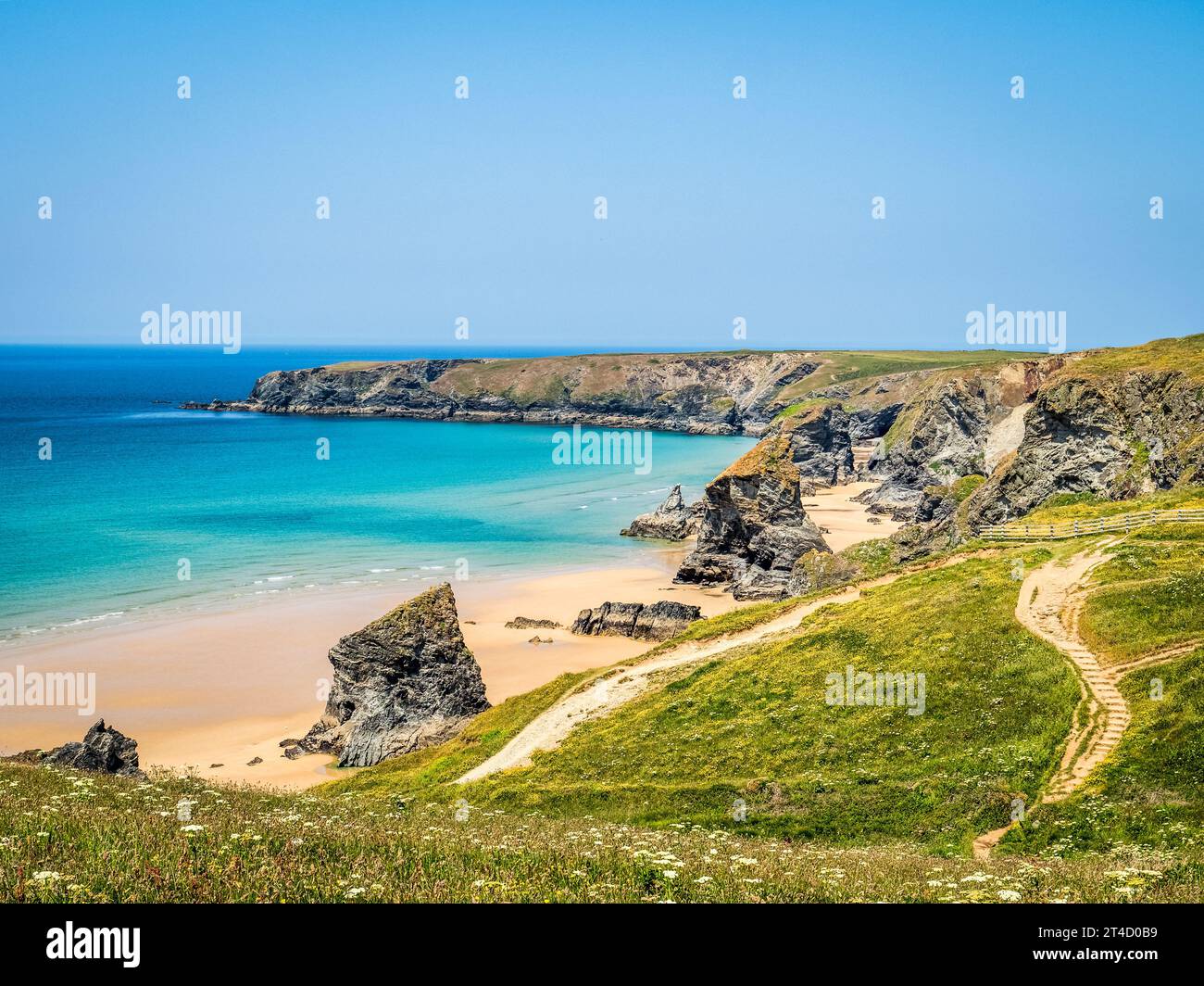 Bedruthan pasos en verano, con flores silvestres, cielo azul claro y sol, Cornualles, Reino Unido. Foto de stock