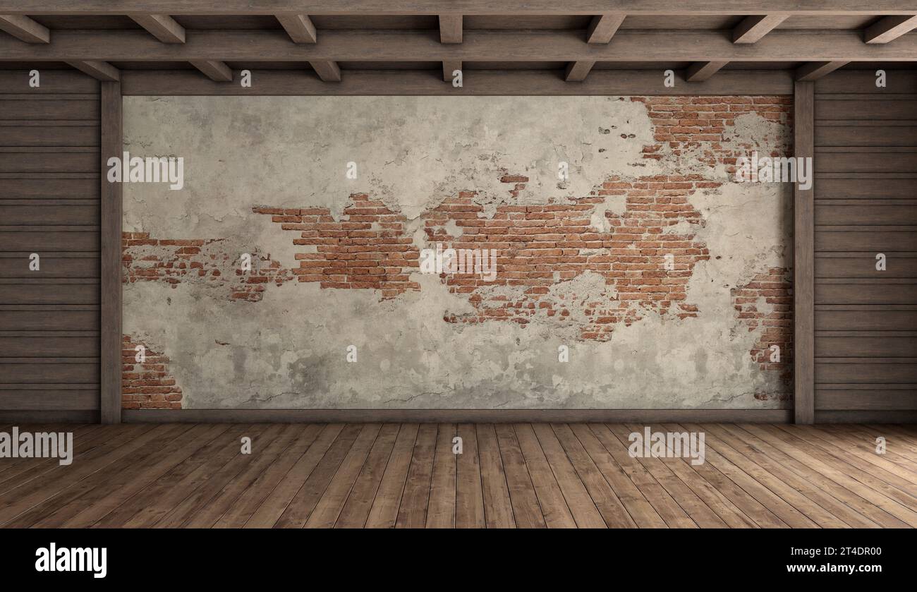 Antigua habitación vacía con techo de madera de pared de ladrillo y piso de madera - representación 3D Foto de stock