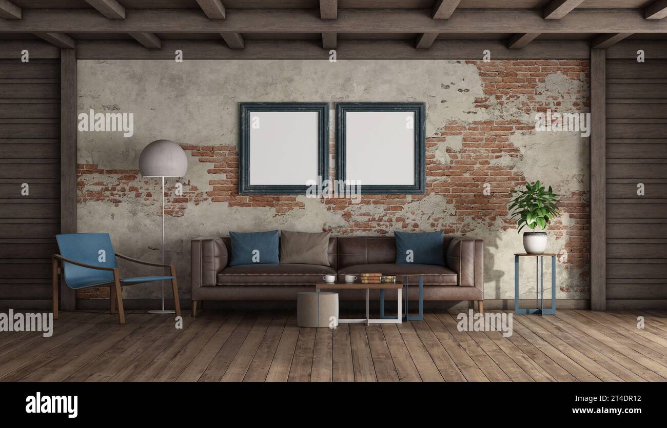 Antigua sala de estar con pared de ladrillo y sofá moderno, sillón y lámpara de pie - representación 3D Foto de stock