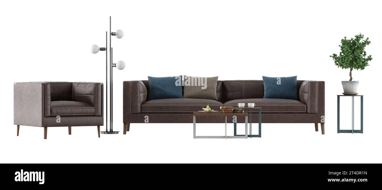 Conjunto de sala de estar con sofá de cuero y sillón aislado sobre fondo blanco - representación 3D Foto de stock