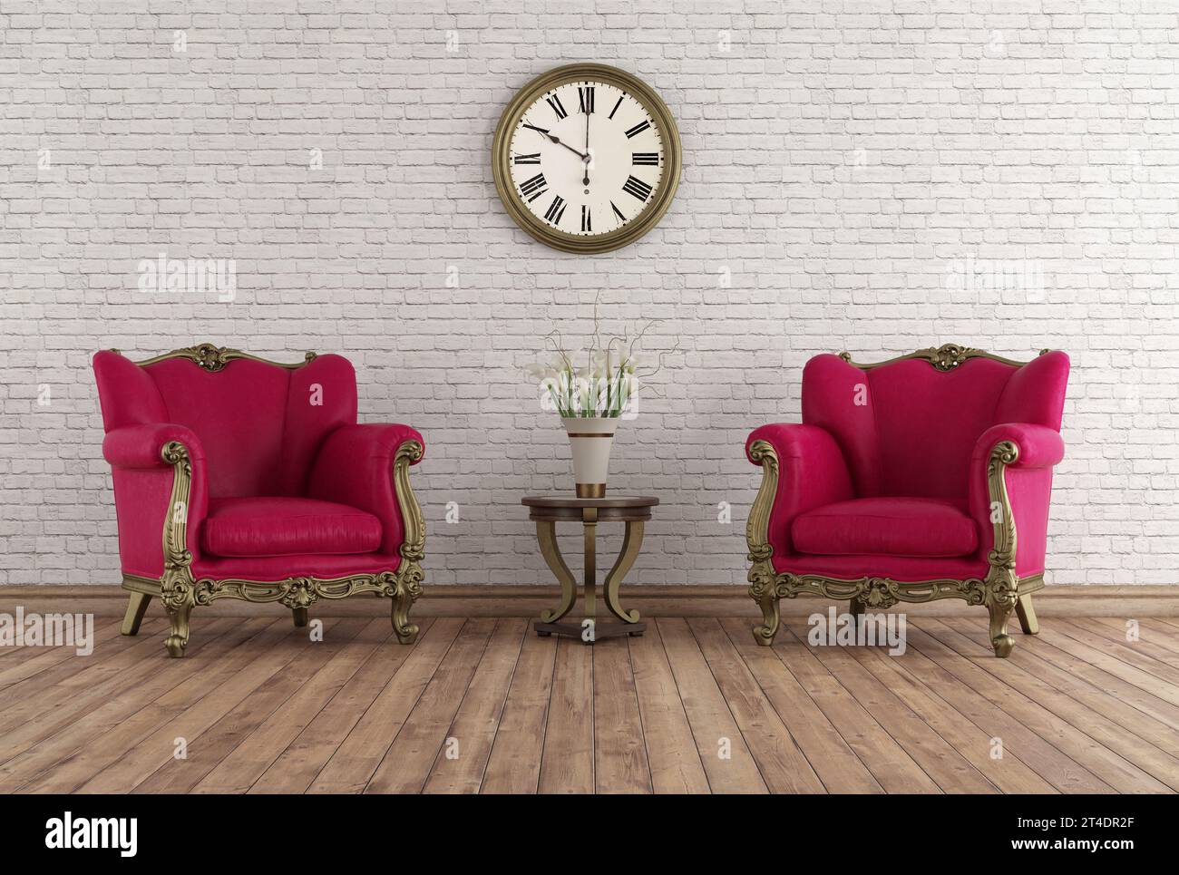 Habitación antigua con pared de ladrillo con sillones de lujo de estilo clásico en el suelo de madera - representación 3D Foto de stock