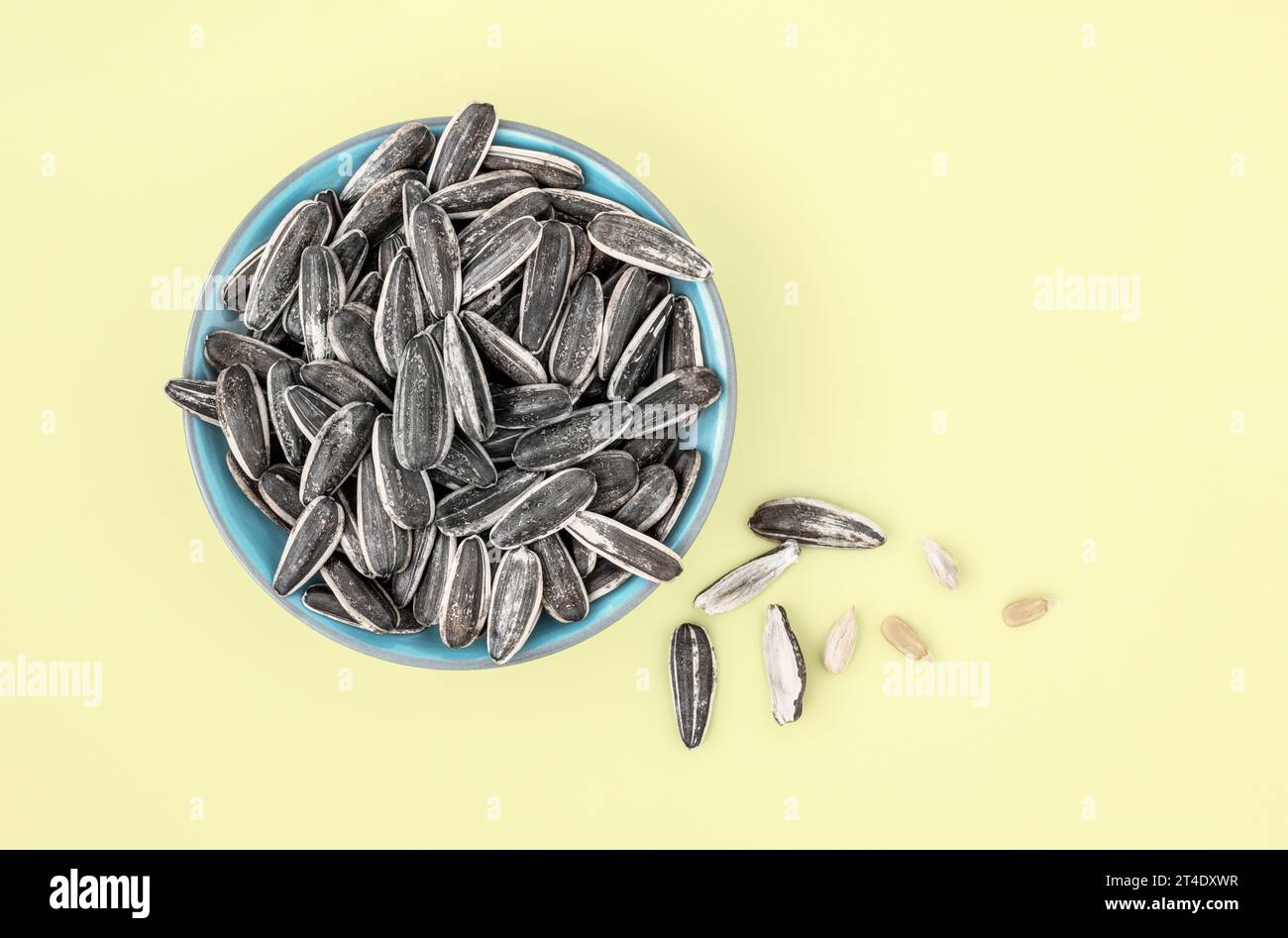 Plato azul relleno de semillas de girasol blanco y negro a rayas sin cáscara Foto de stock