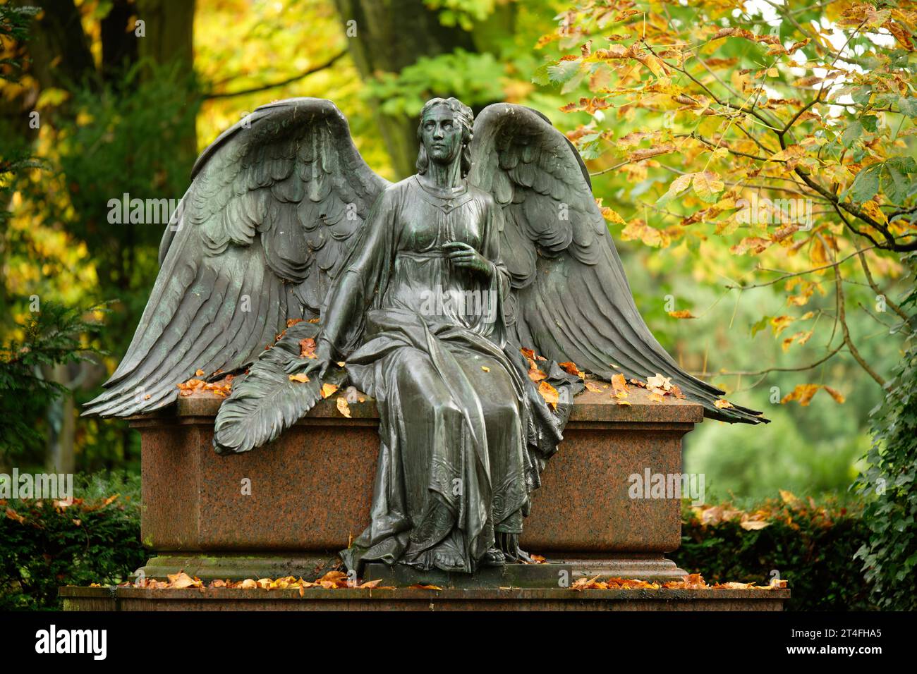 hermoso ángel con alas extendidas en el cementerio de melaten otoñal en colonia Foto de stock