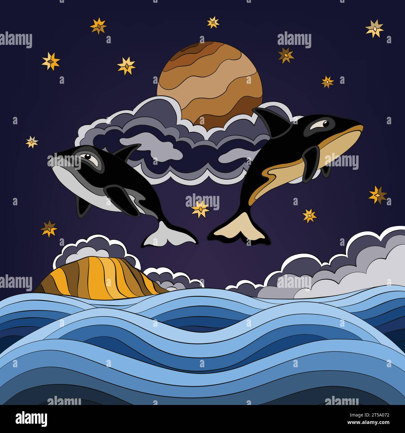 orcas gigantes volando en el cielo nocturno Ilustración del Vector