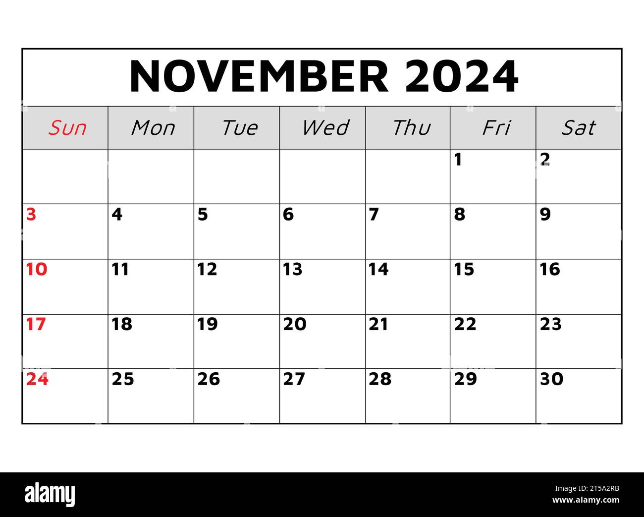 Calendario de noviembre de 2024. Ilustración vectorial. Planificación