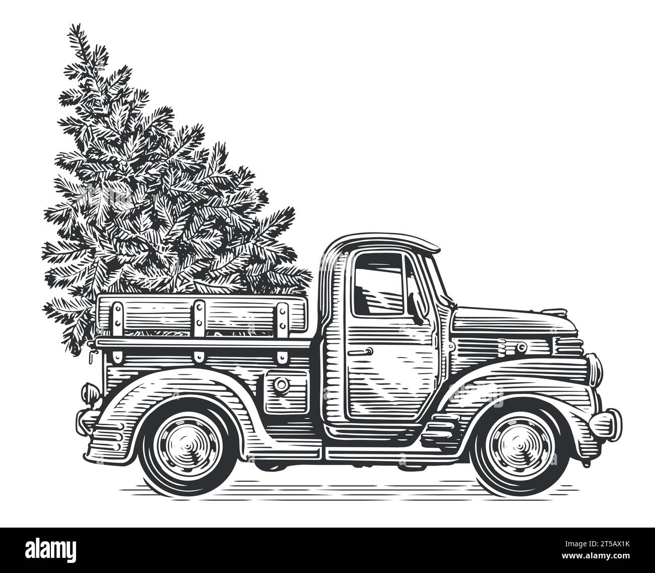 Camión retro de Navidad con árbol de pino en estilo de boceto. Dibujado a mano ilustración vectorial vintage Ilustración del Vector
