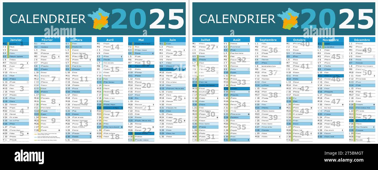 calendario francés 2025 con santos y días festivos Imagen Vector de