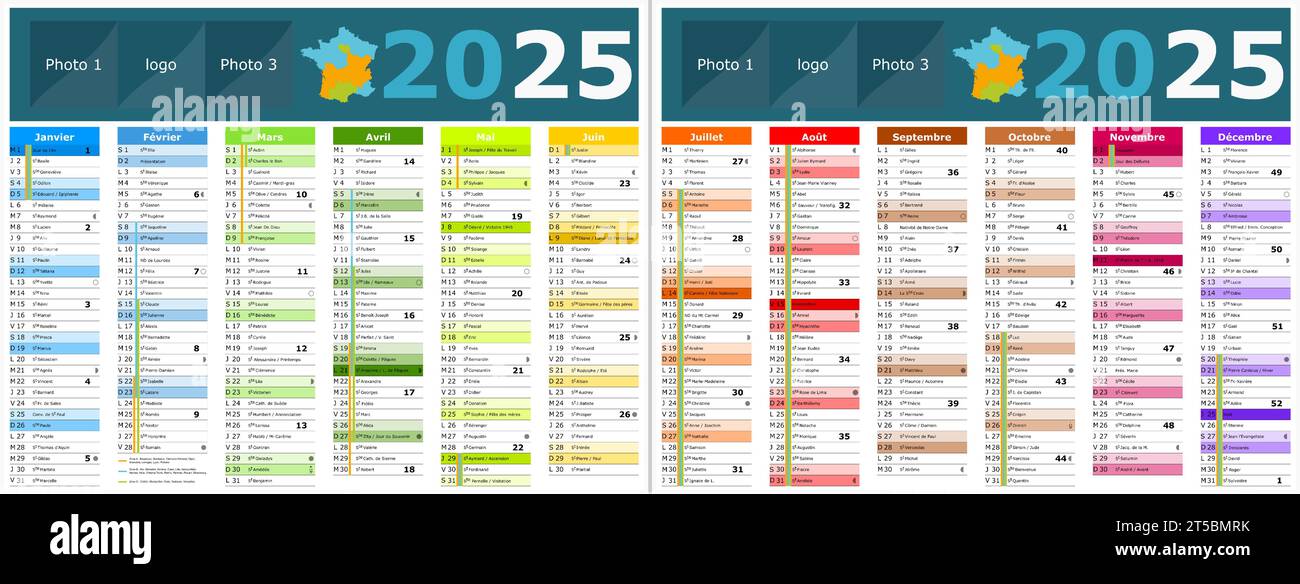calendario francés 2025 con santos y días festivos Imagen Vector de