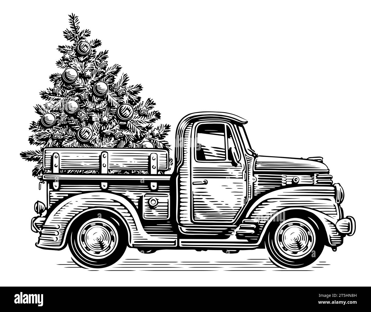 Dibujado a mano camión retro de Navidad con árbol de pino en estilo de boceto. Feliz día de fiesta vintage ilustración Foto de stock