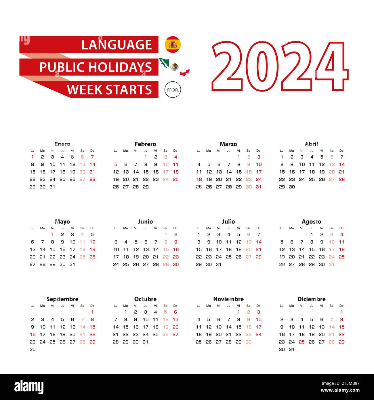 Calendario 2024 en idioma español con días festivos del país de