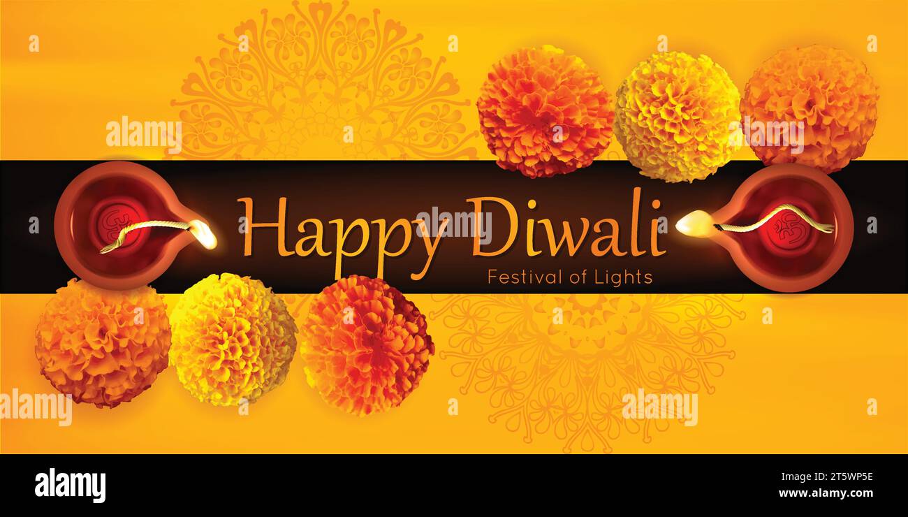 Vector libre Diwali banner de fondo con vista superior del diseño de lámparas Diya Ilustración del Vector