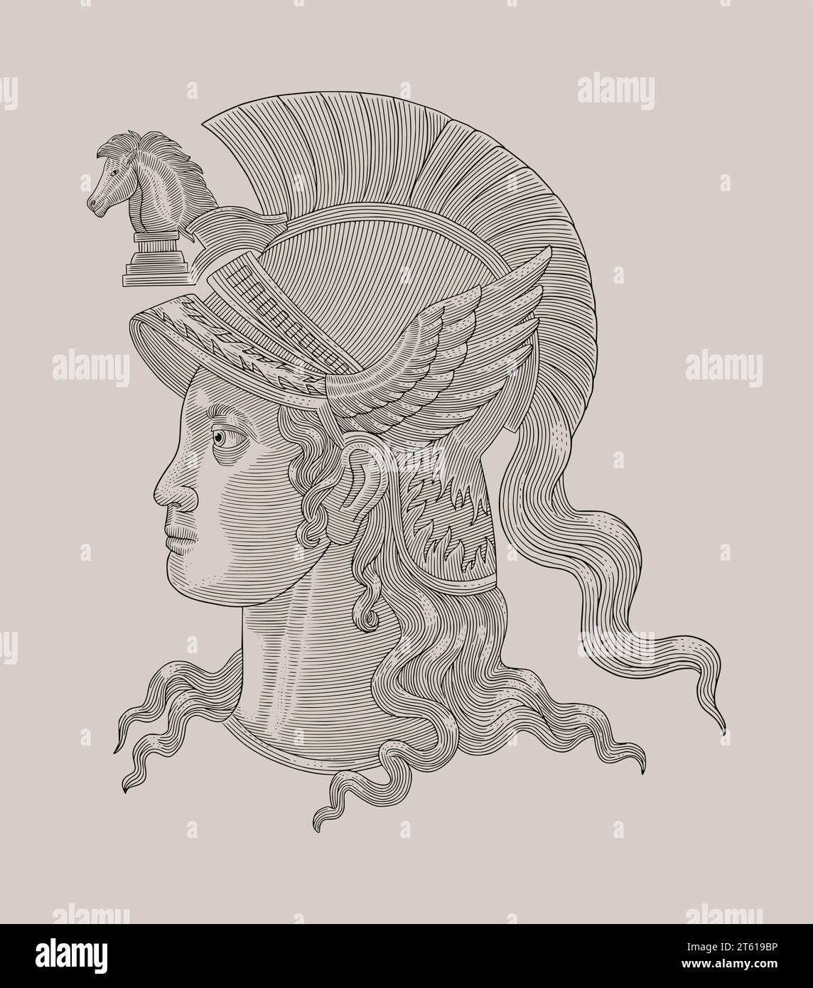 Diosa atenea de griego romano, ilustración de estilo de dibujo grabado vintage Ilustración del Vector